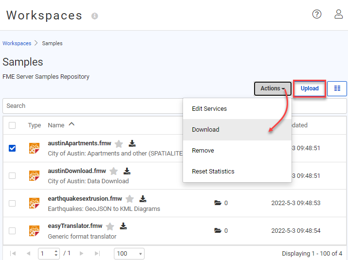 Download a workspace from FME Server